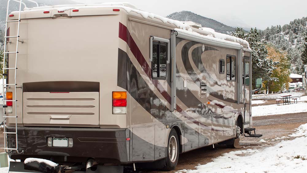 Class A motorhome parked after receiving winter rv inspection services